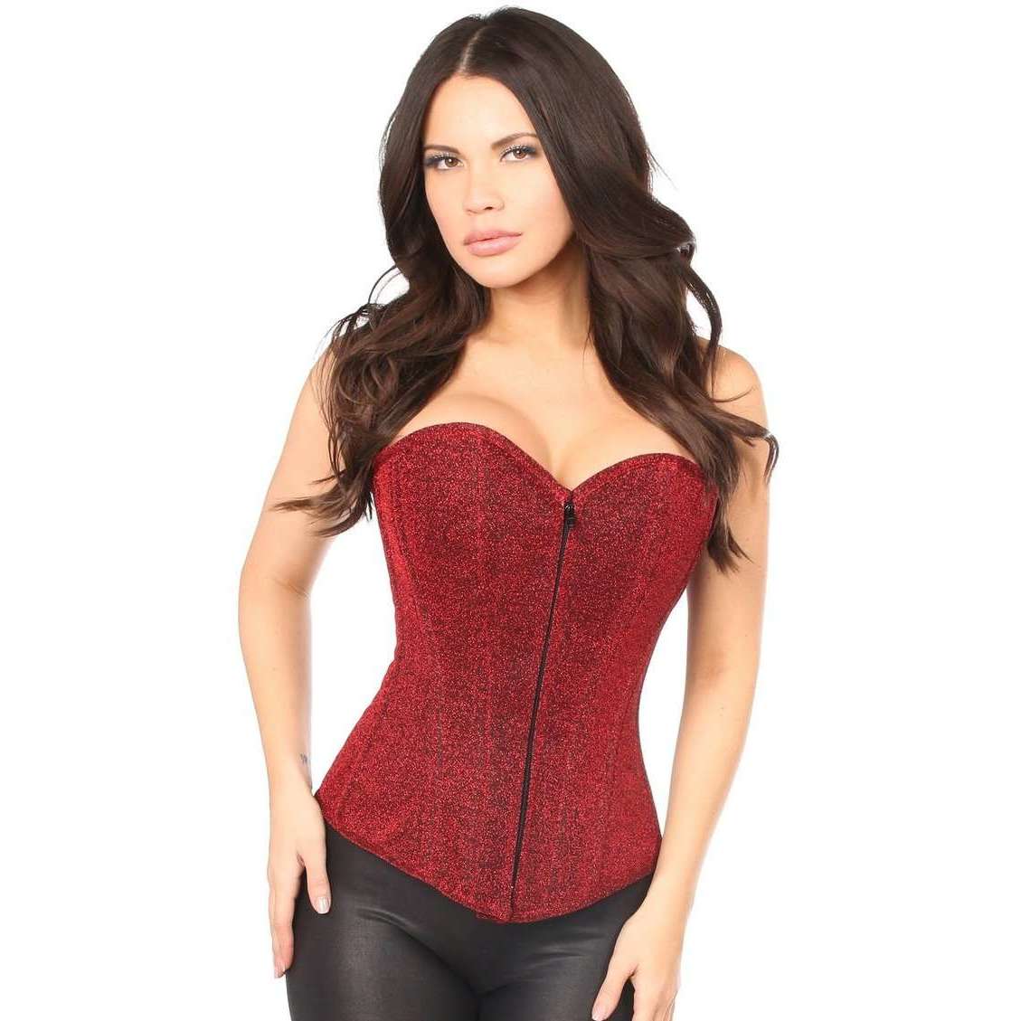 Lavish Red Glitter Front Zipper Overbust Corset