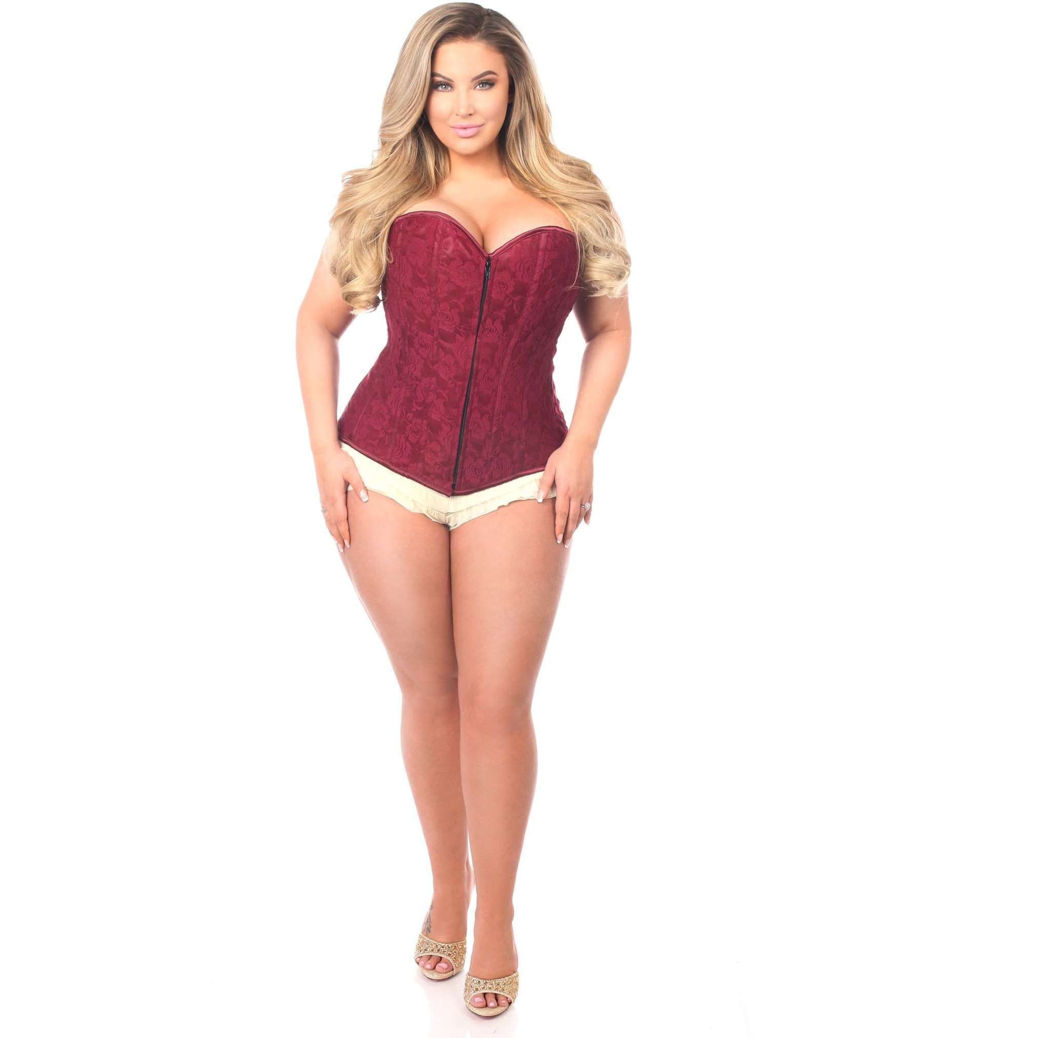 Lavish Wine Lace Overbust Corset w/Zipper