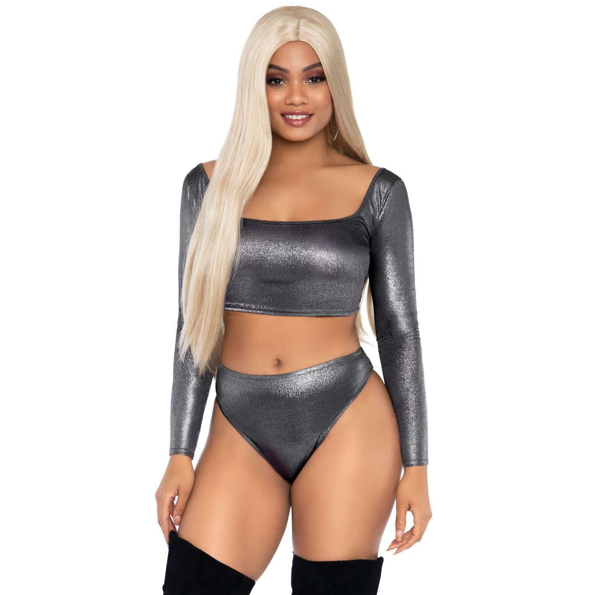 2pc Shimmer Spandex Long Sleeve Crop Top & High Waist Thong