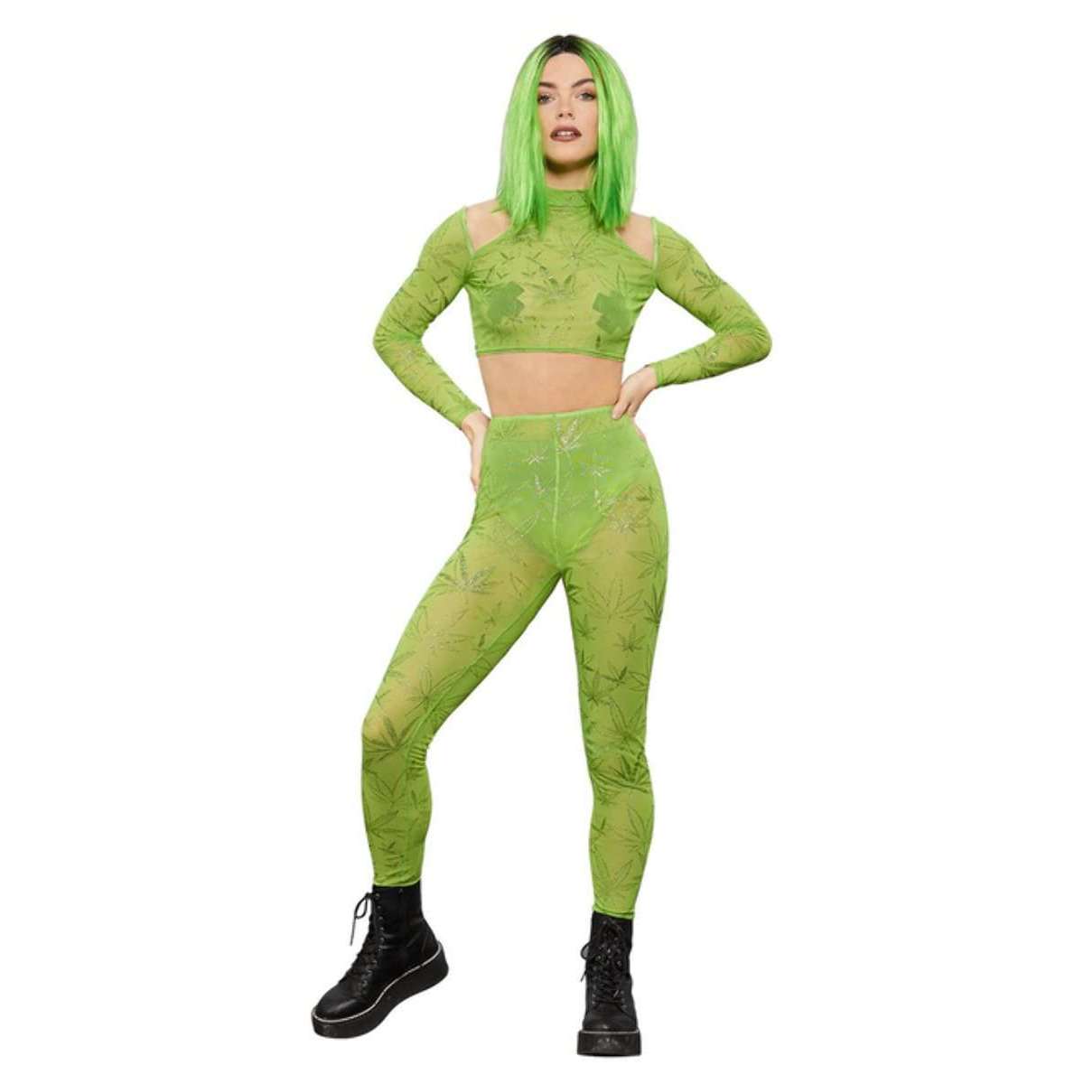 Glitter Marijuana Light Green Sheer Crop Top & Leggings