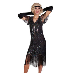 Black Beaded Flapper Mesh Sleeve Dress