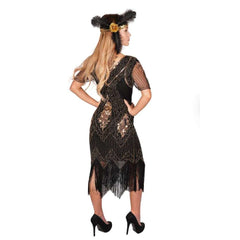 Black & Gold Beaded Flapper Mesh Sleeve Dress