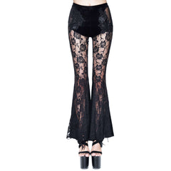 Gothic Sheer Floral Lace Black Velvet Flare Pants