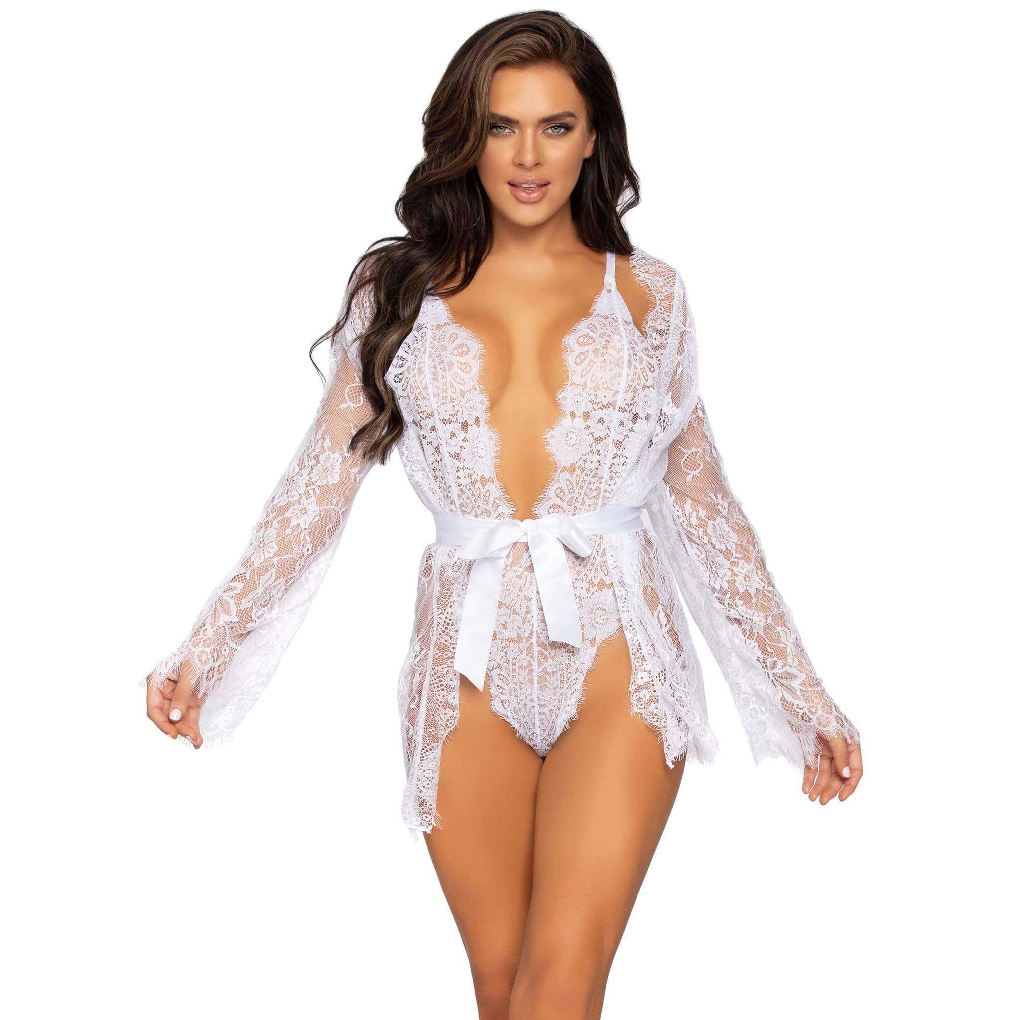 Floral Lace Adjustable Teddy w/ Cheeky Thong & Matching Lace Robe