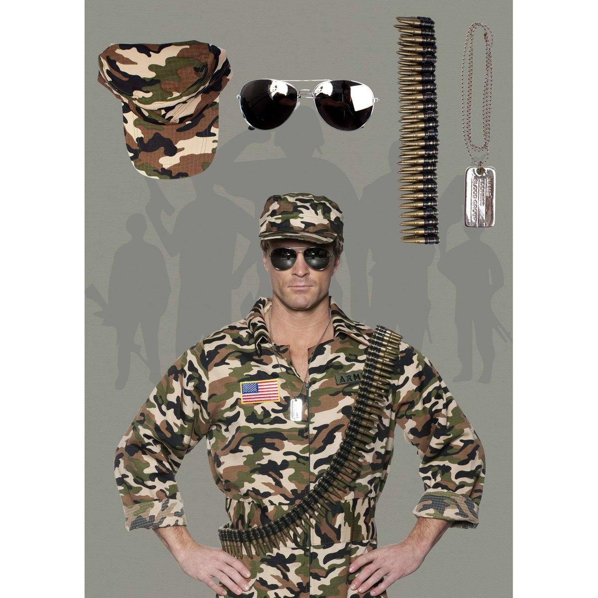 Army Hat, Sunglasses, Bullet Belt & Dog Tags Kit