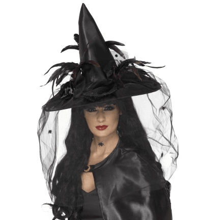 Black Feathers & Netted Spider Veil Witch Hat