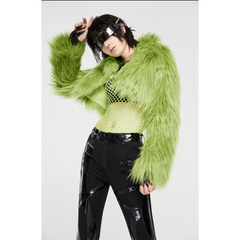 Punk Rave Simple Punk Green Faux Fur Cropped Coat