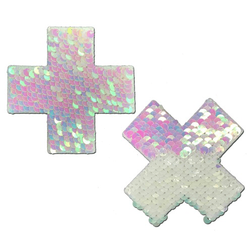 Pearl and White Flip Sequin Cross Nipple Pasties