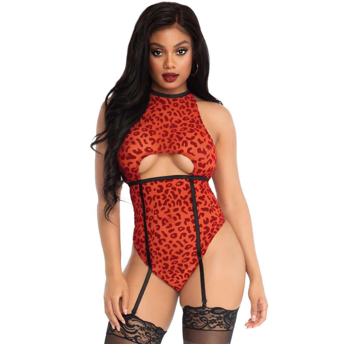 Velvet Flocked Leopard Sheer Backless Garter Teddy