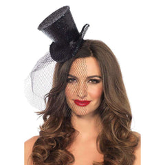 Black Glitter Mini Veiled Top Hat