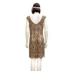 1920's Short Tan Hematite Beaded Flapper Dress & Headpiece