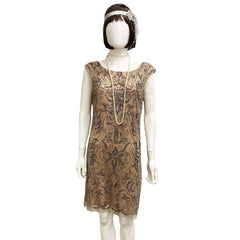 1920's Short Tan Hematite Beaded Flapper Dress & Headpiece